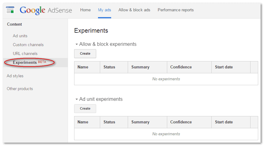 Google AdSense experiments