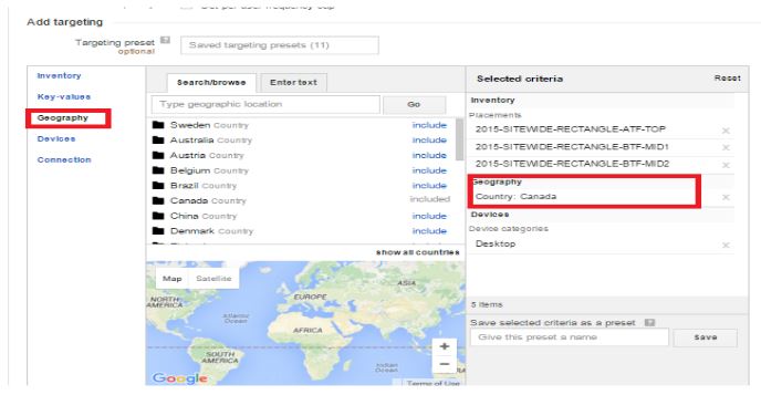 how to geo target dfp line items