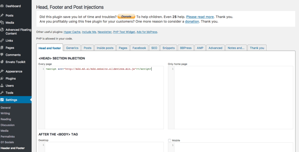 injections into header and footer