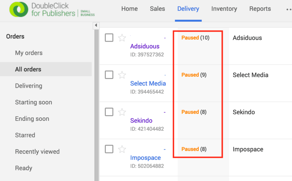 orders in Google ad manager