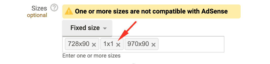 Improve performance by removing misconfigured 1x1 ad sizes in standard display ad units MonitizeMore