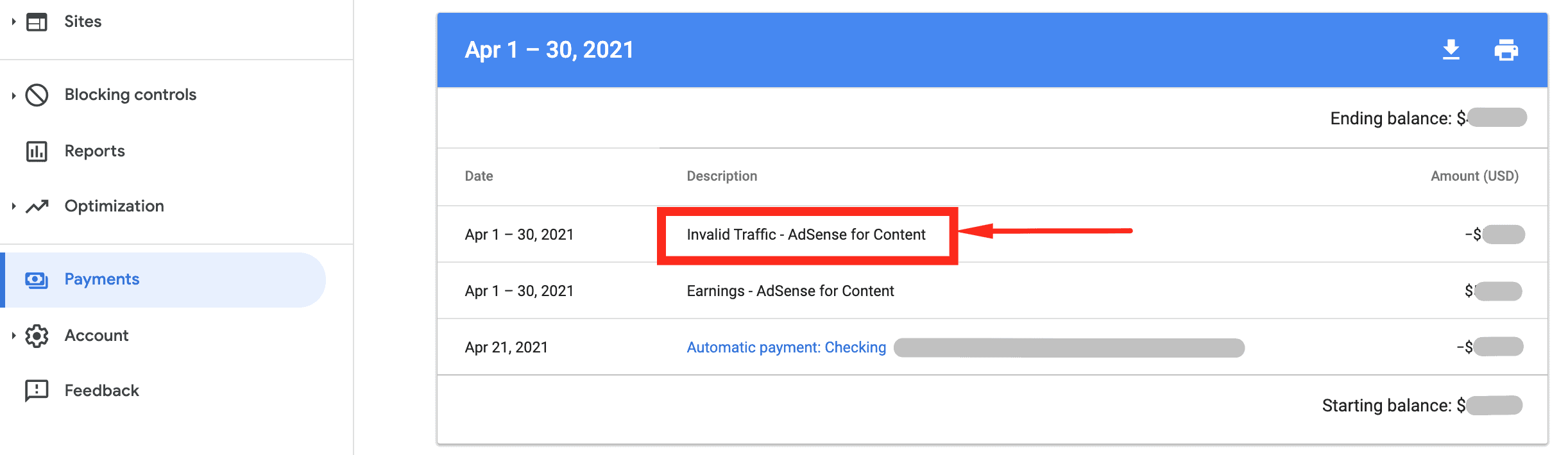 AdSense payment section