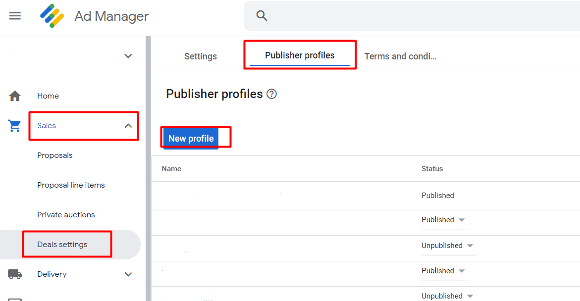 Google ad manager new profile