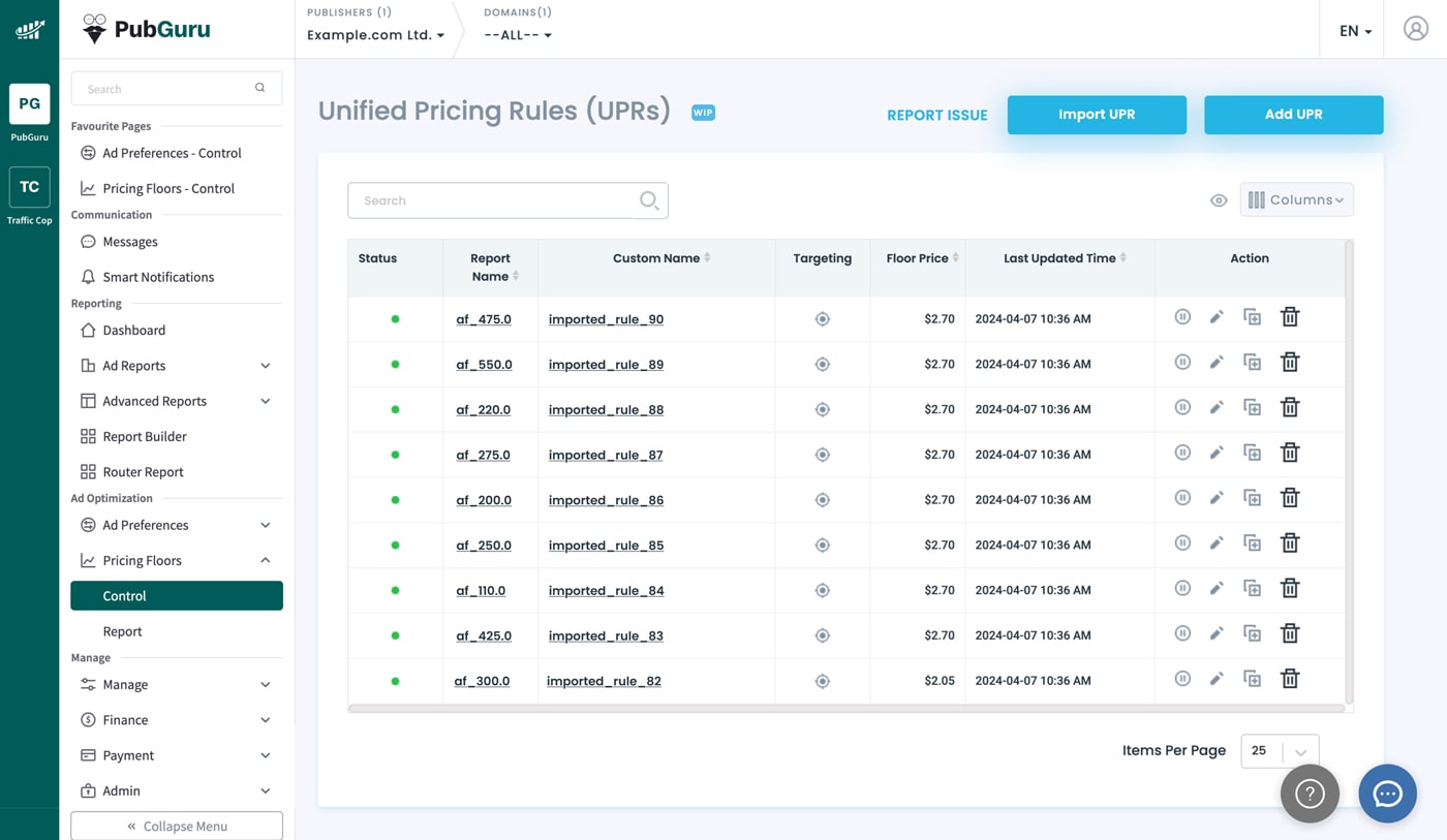 PubGuru Unified Pricing rules screenshots